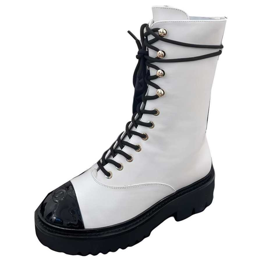 CHANEL 22c Early Spring Cow Leather Ankle Boots Women's White