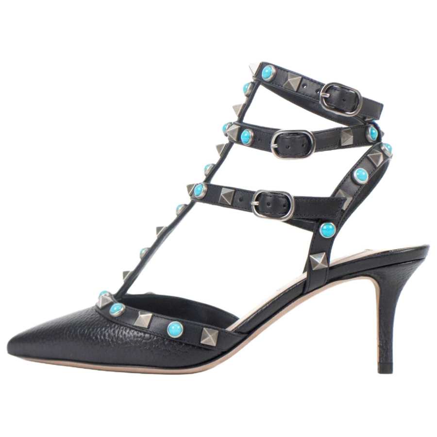 Valentino ROCKSTUD Leather Slim Heel High Heels Women's Black