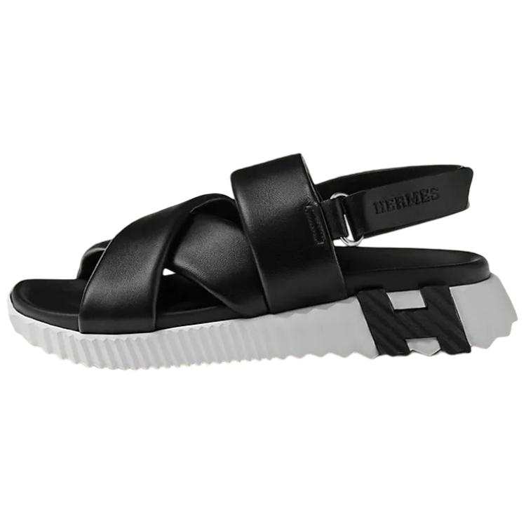 HERMES Electric Leather Beach Sandals Women's Black White