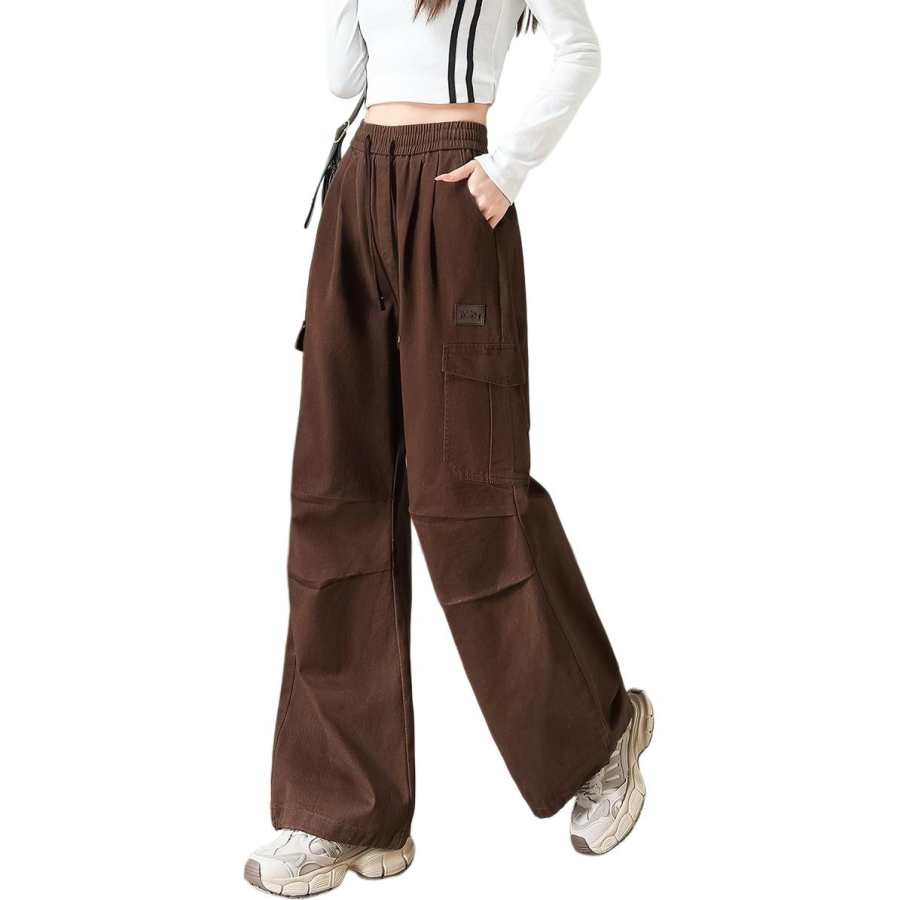 Tonlion Casual Pants Women's Coffee Thickened And Fleece Lined Wide Leg Pants