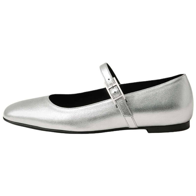 HERMES Jane Flat Mary Jane Shoes 1cm Women's Silver