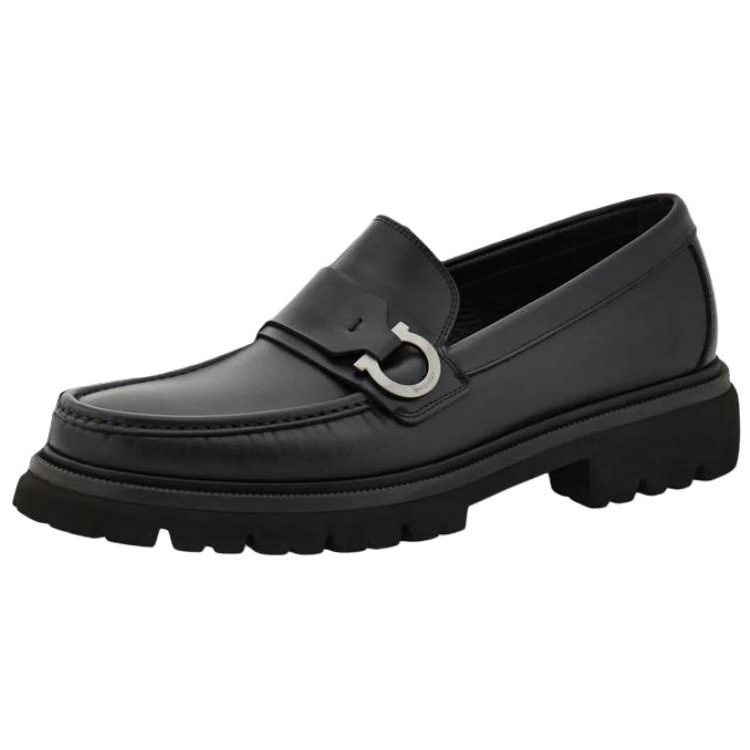 FERRAGAMO Gancini Calfskin Loafers Men's Black