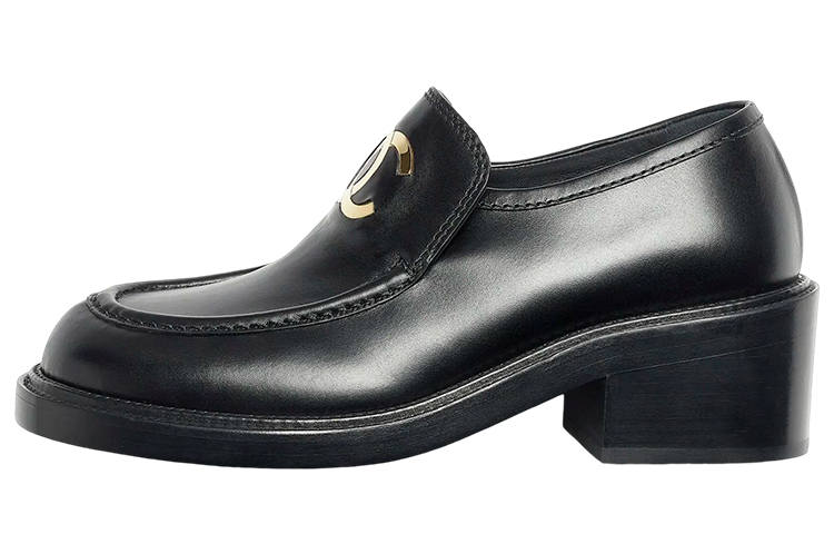 CHANEL Cc 55mm Loafers Black Shiny Calfskin Women's