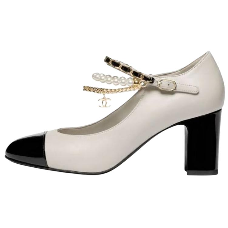 CHANEL 25B Chunky Heel Mary Jane Shoes 7cm Women's Gray White