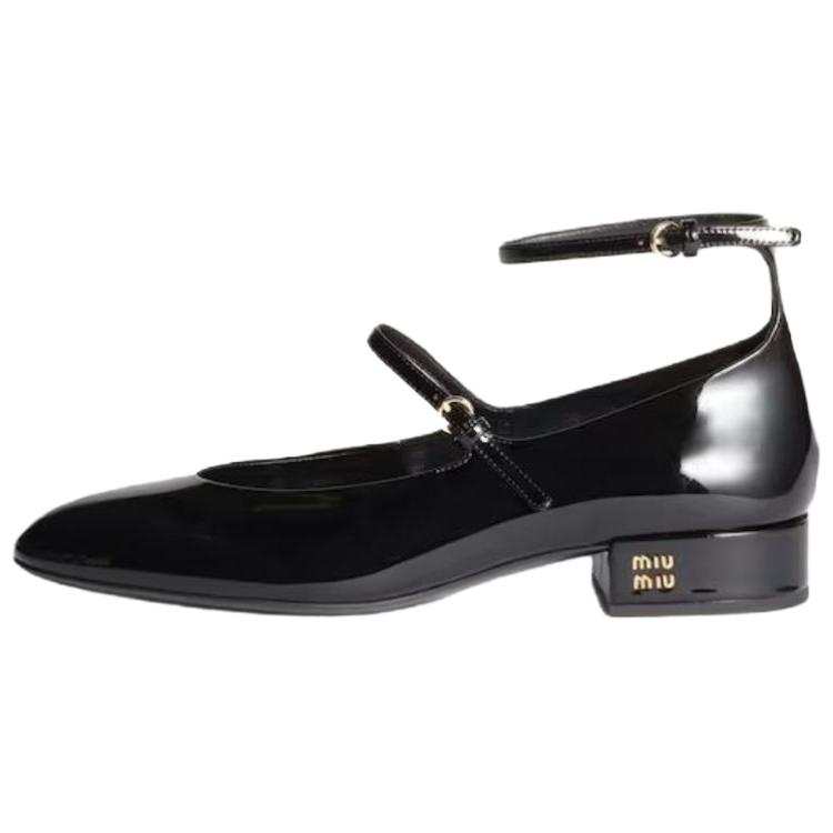 MIU MIU Cow Leather Chunky Heel Mary Jane Shoes Women's Black