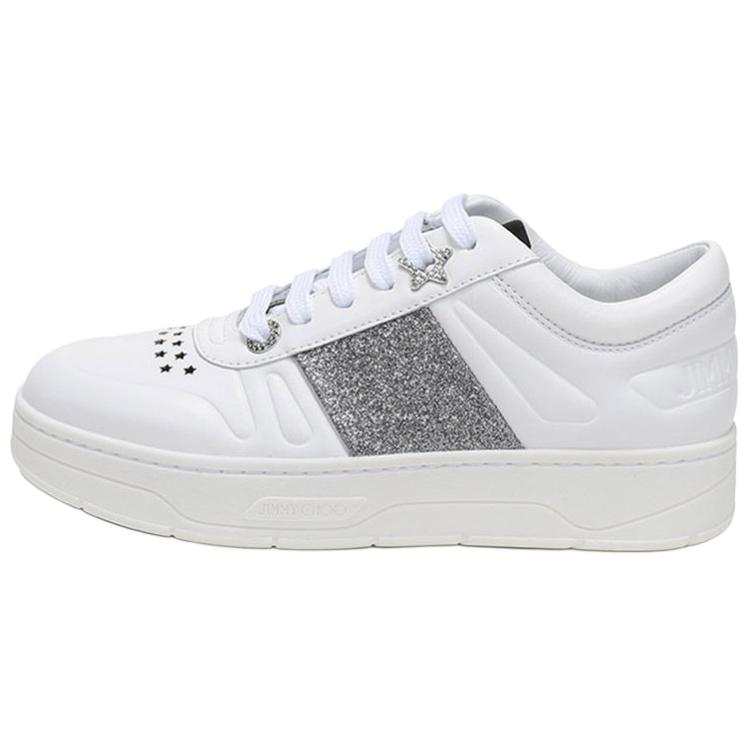 Jimmy Choo Hawaii Top Grain Cow Leather Low top Stylish Skateboarding Shoes Women's White Silver
