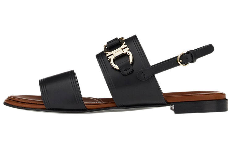 FERRAGAMO Gancini Top Grain Cow Leather Fashion One Strap Sandals Women's Black