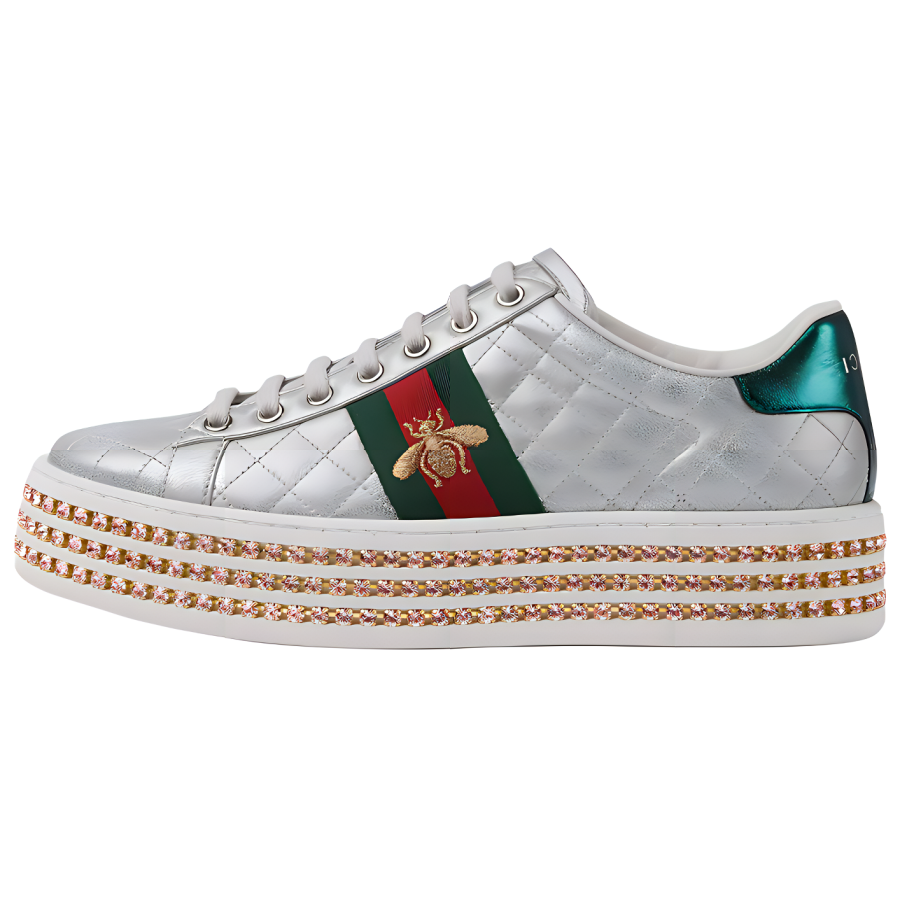 GUCCI ACE Leather Low top Skateboard Shoes Women's Silver