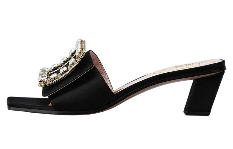 Roger Vivier Biki Love Rhinestone Buckle Chunky Heel Slide Slippers 4.5cm Women's Black
