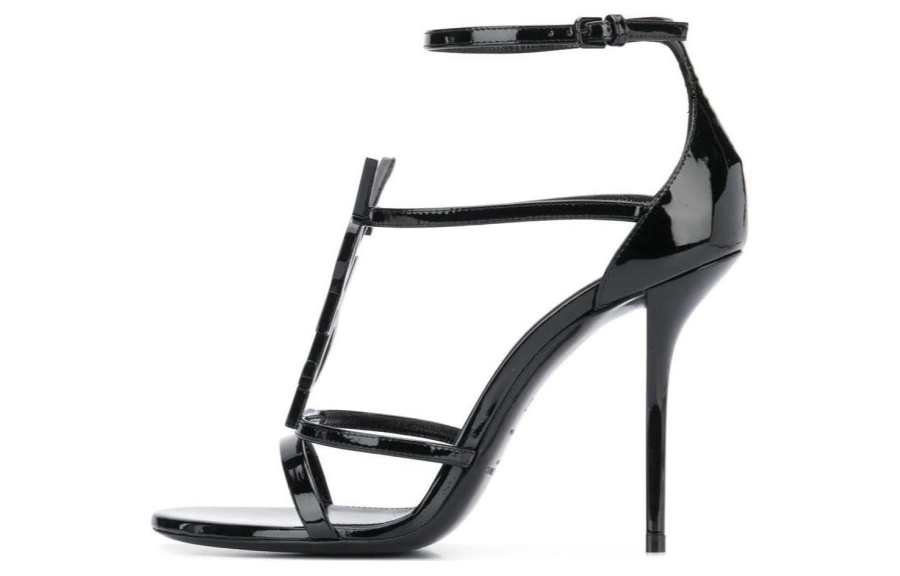 SAINT LAURENT Cassandra Patent Leather Open Toe One Strap Sandals Women's Black