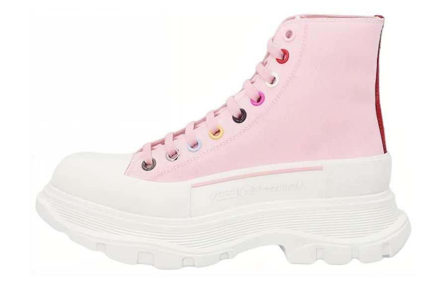 Alexander McQueen Tread Slick Canvas Lace Up Short Combat Boots Women's Pink White