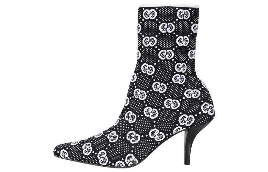GUCCI Gg 75mm Knit Ankle Boots Black White Fabric Women's