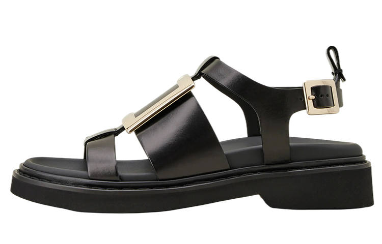 Roger Vivier Viv' Rangers Leather One Strap Sandals Women's Black