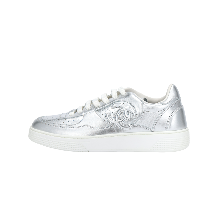 CHANEL Leather Skateboard Shoes Women's Silver