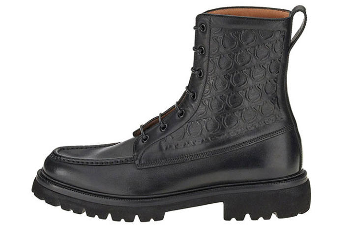 Ferragamo Ferragamo GANCINI Top Grain Cow Leather Short Combat Boots Men's Black