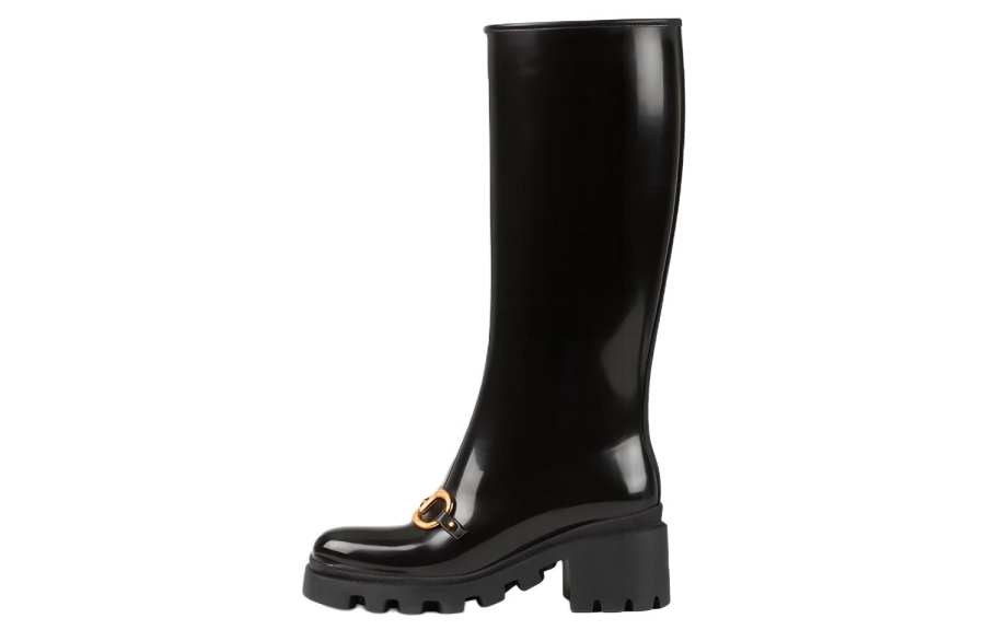 GUCCI Horsebit Knee High Boot Black Rubber Women's