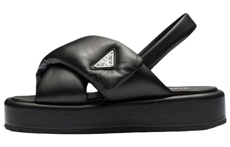 PRADA Soft Padded 35mm Wedge Sandals Black Nappa Leather Women's