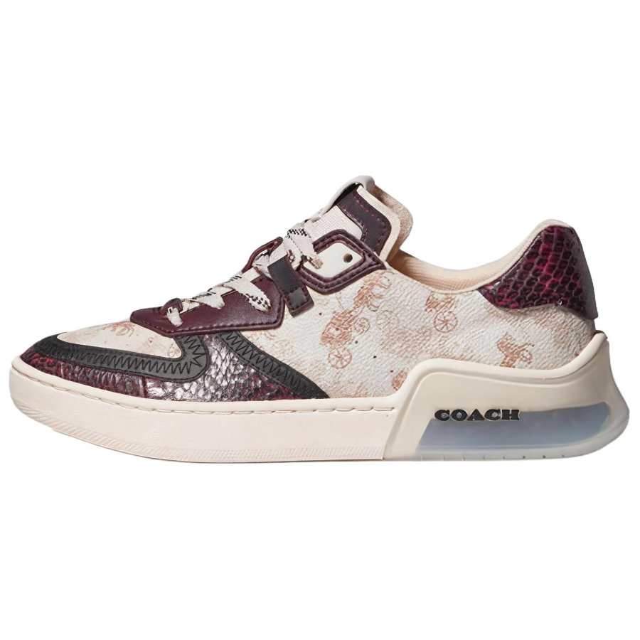 COACH Leather Carriage Print Low top Stylish Skateboarding Shoes Women's White Red Brown