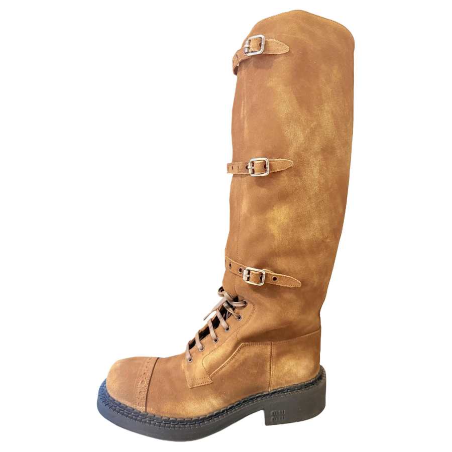 MIU MIU Suede Knee high Boots 3.5cm Women's Brown
