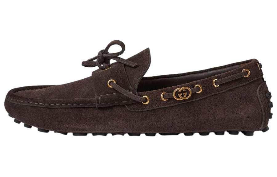GUCCI Interlocking Suede Gommino Loafers Men's Brown