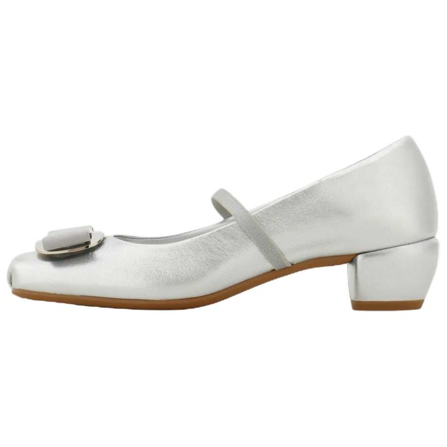 FERRAGAMO Vara Leather Chunky Heel Mary Jane Shoes 4cm Women's Silver