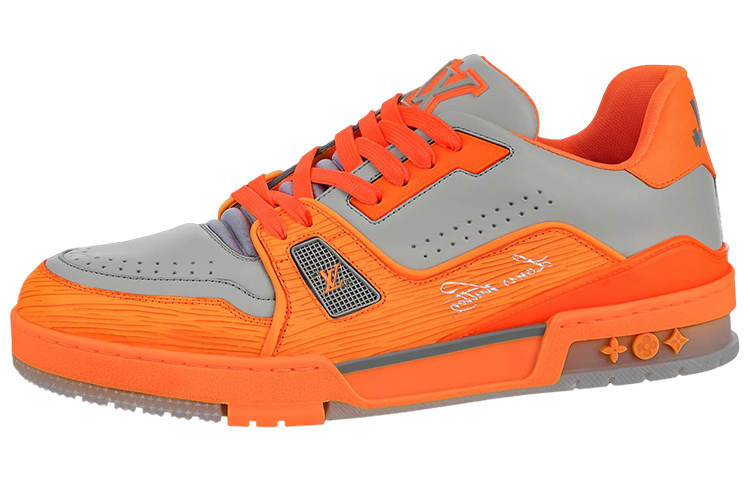 LOUIS VUITTON Trainer Cow Leather, Leather Low top Stylish Skateboarding Shoes Men's Gray Orange