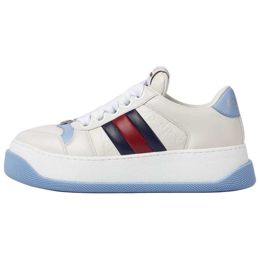 GUCCI Screener Distressed Shoes Leather Skateboard Shoes 4.2cm Women's White & Blue