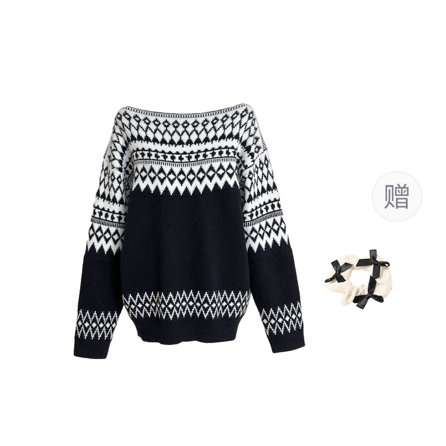 CPAURA Knitwear Women's Black+Hair Tie Comes With Boat Neck Moderate Base Layer