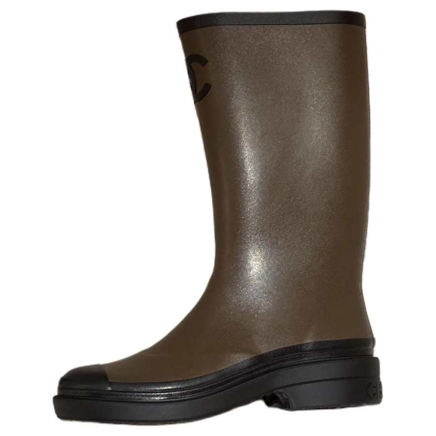 CHANEL Calfskin Rain Boots Women's Army Green