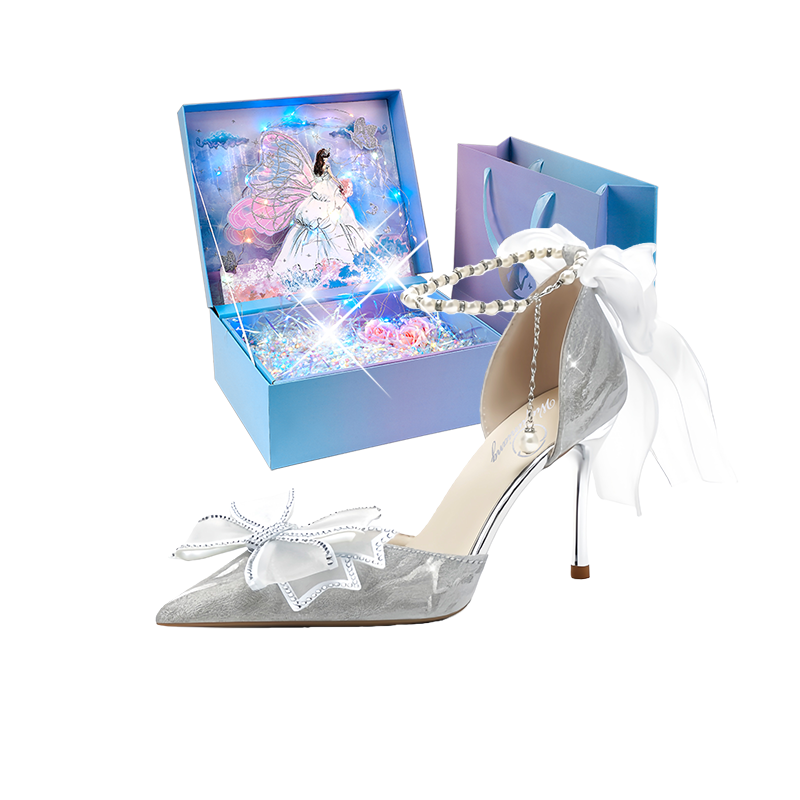 WUGUNIANG Romantic Starry Sky, Refined Box Slim Heel High Heels Women's Starlight Silver