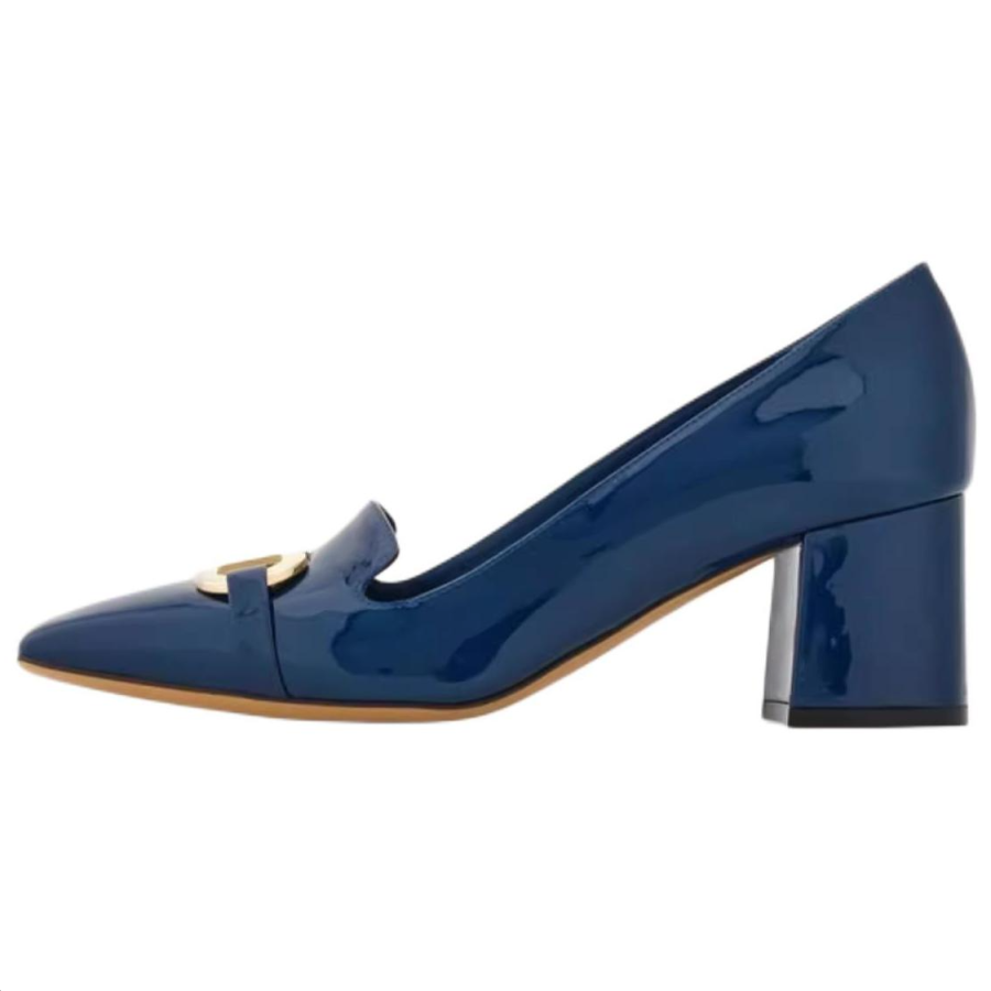 FERRAGAMO Gancini Cow Leather Block Heel High Heels Women's Blue