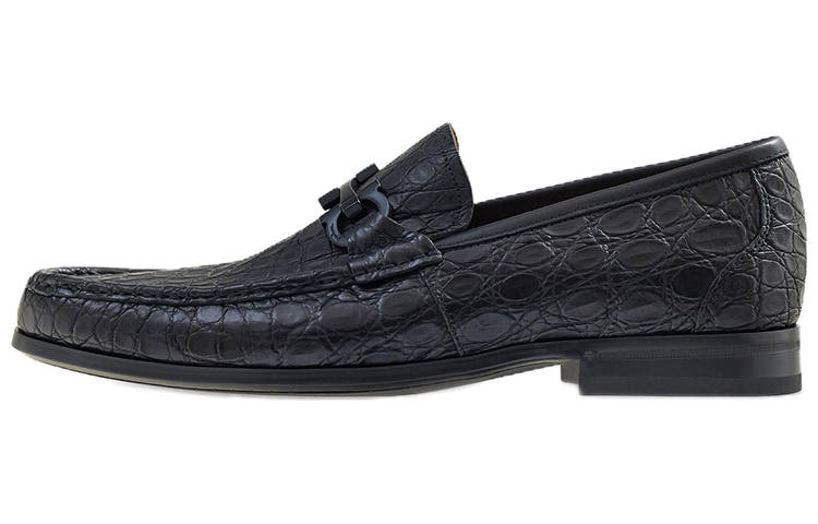 FERRAGAMO Gancini Crocodile Leather Loafers Men's Black