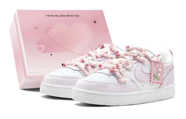 Nike Nike Court Borough Couple's, Romantic Favor, Blooming Love Words, Pink Rose Charm, Soft, Comfortable Versatile Low top