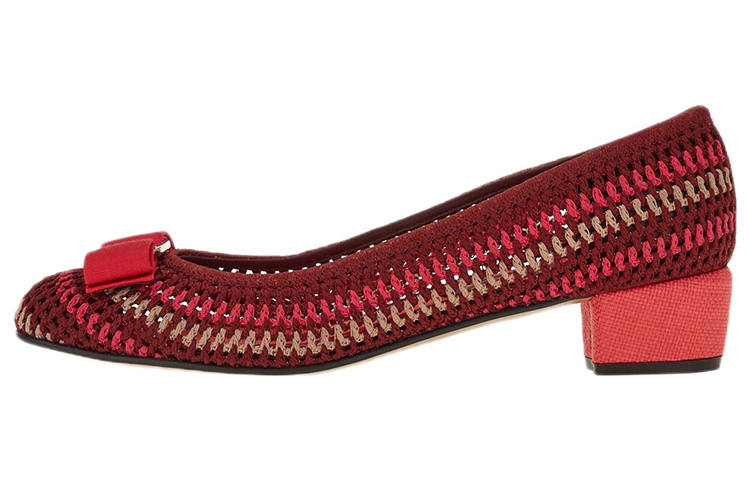 FERRAGAMO Vara Bowknot Chunky Heel Mid Low Heel Mary Jane Shoes Women's Red