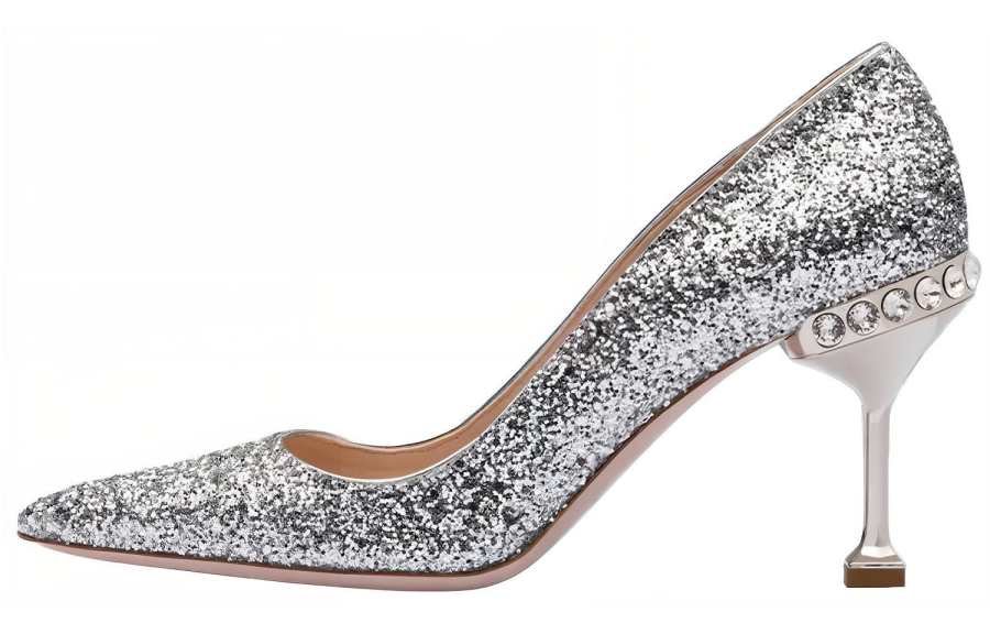 MIU MIU Glitter Pumps Flared Heel High Heels 5CM Women's Silver