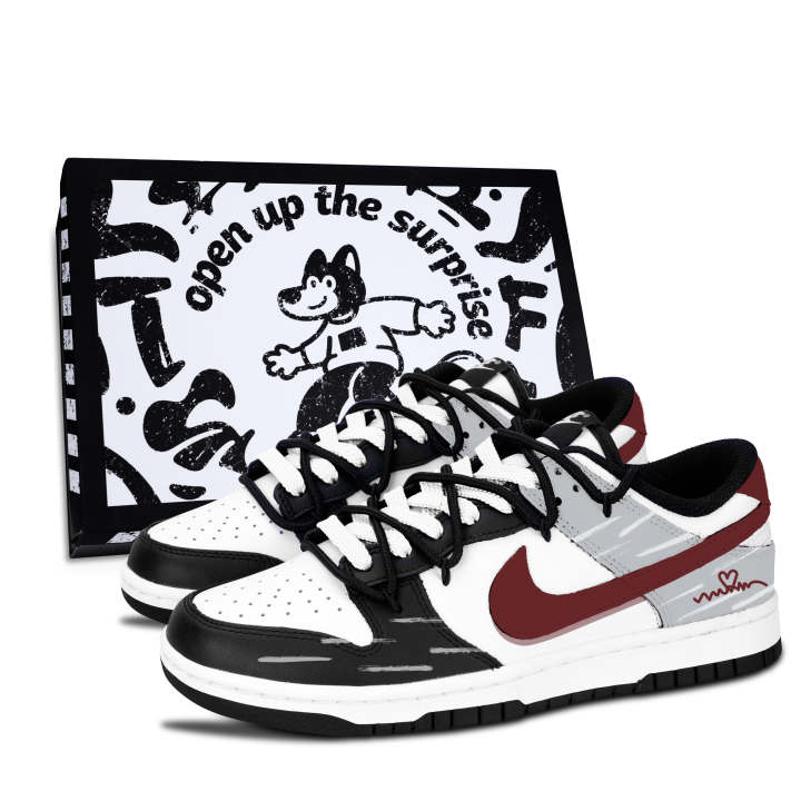 Nike Nike Dunk Black White, Crimson Gray Heart Abrasion Resistant Abrasion Resistant Low top Skateboard Shoes Unisex Red