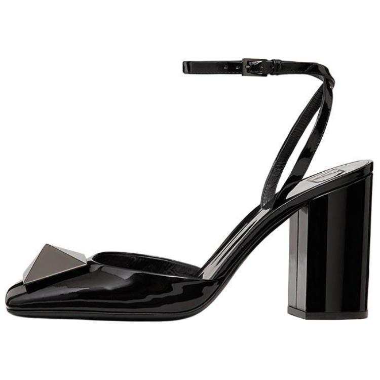 Valentino One Stud Leather Chunky Heel High Heels 9cm Women's Black