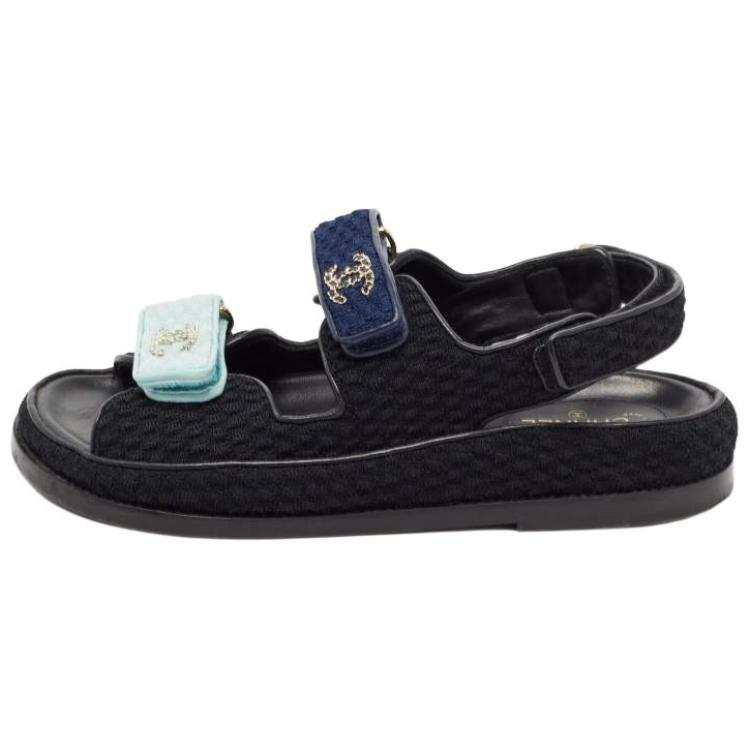 CHANEL Leather, Textile One Strap Sandals Women's Black