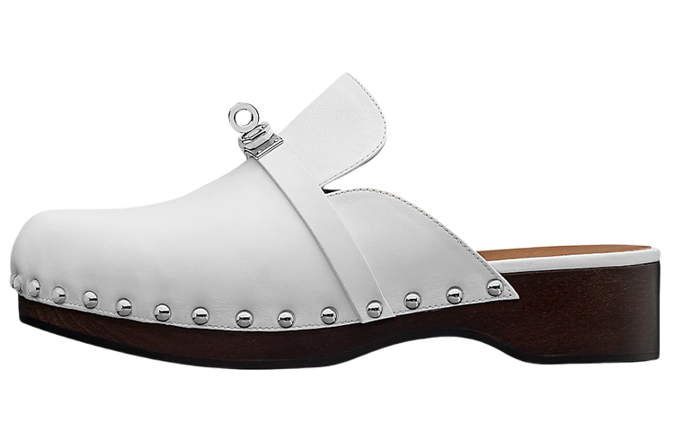 HERMES HERMES Leather Closed Toe Slippers Women's White