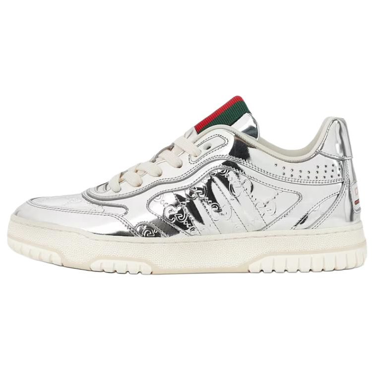 GUCCI Re Web Leather Low top Skateboard Shoes Women's Silver