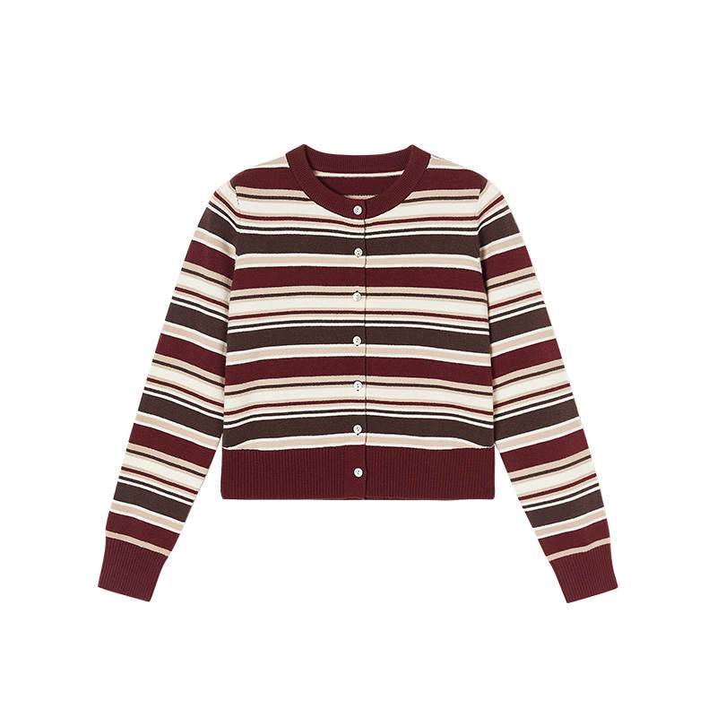XIANGYING Knitwear Women's Stripes Crew Neck Moderate Cardigan