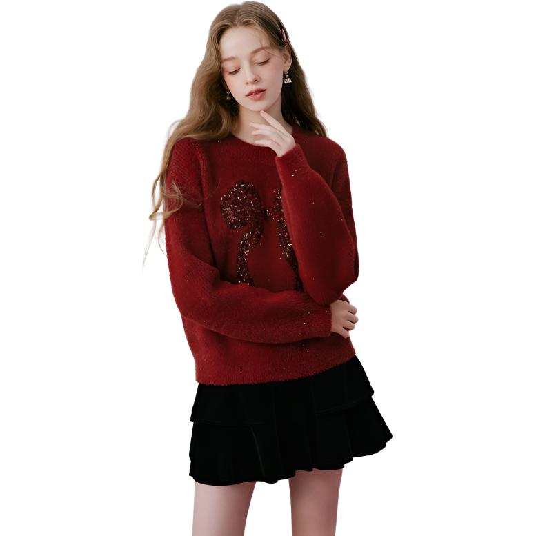 XIANGYING Knitwear Women's Red Crew Neck Moderate Base Layer