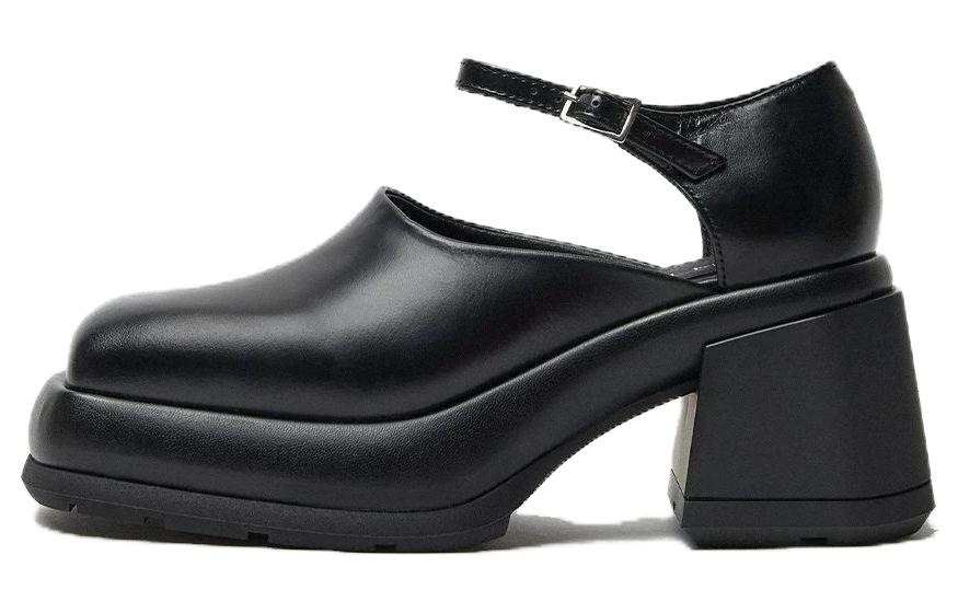 MIISTA Leather Chunky Heel High Heels 8cm Women's Black