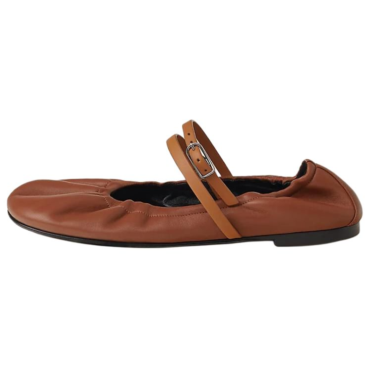 HERMES Jolly Leather Flat Mary Jane Shoes Women's Brown