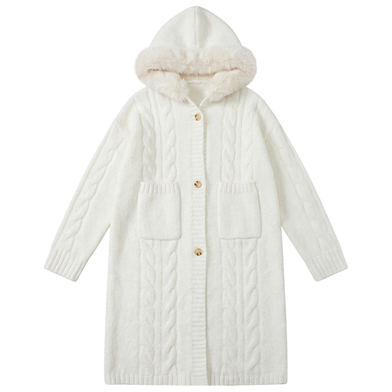 FABRIC PIG Coats Women's White Knitted Fabric Sweater Coat Hooded Thickened Straight Fit