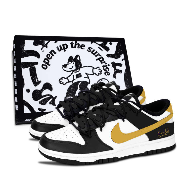Nike Nike Dunk Black White, Golden Elegant New Order Abrasion Resistant Abrasion Resistant Low top Skateboard Shoes Unisex