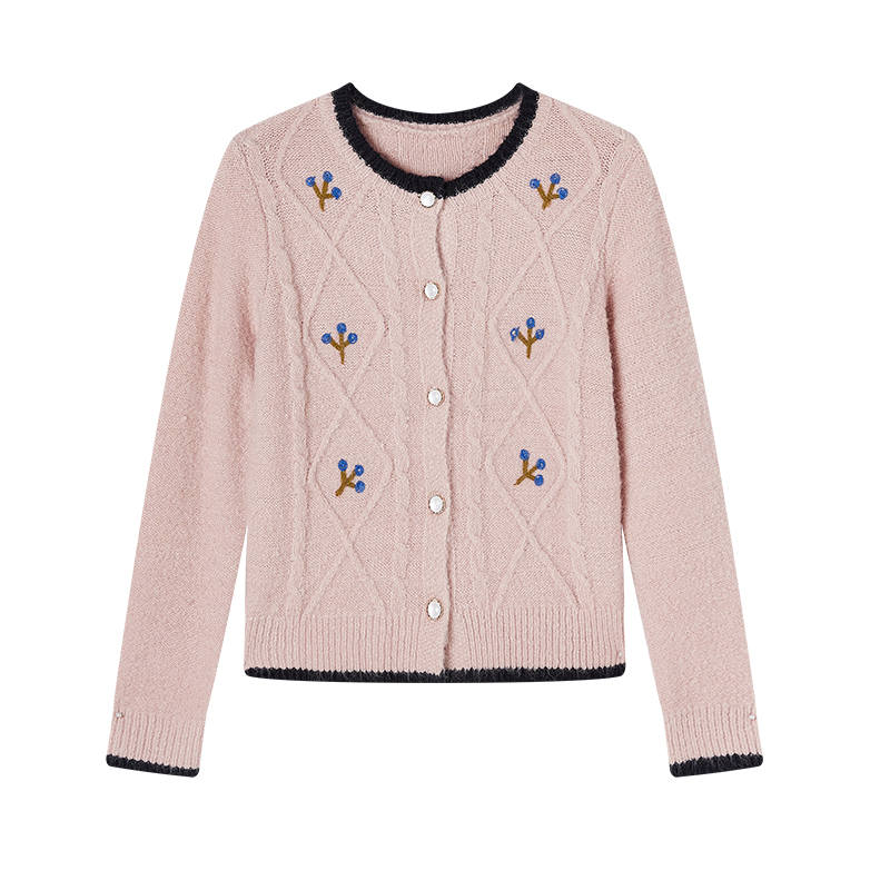 XIANGYING Knitwear Women's Gray Pink Crew Neck Moderate Cardigan