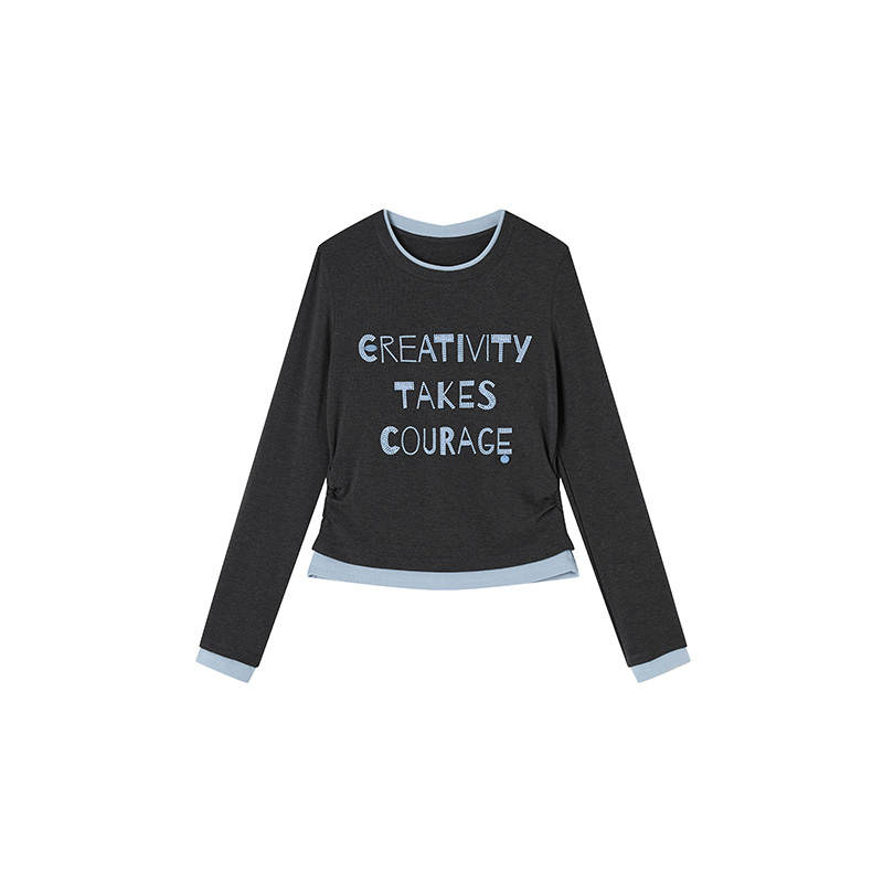 XIANGYING T Shirts Women's Dark Gray Crew Neck Moderate Mock Two Piece