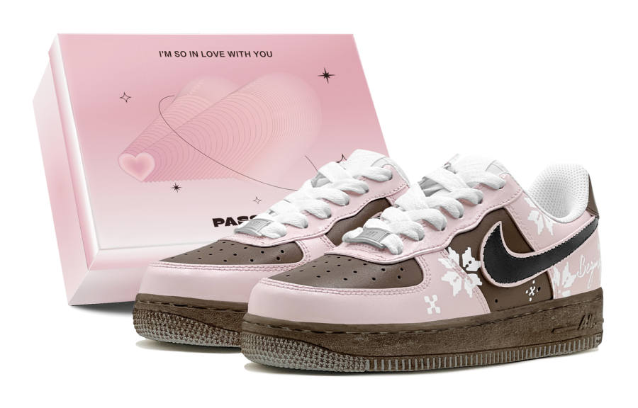 Nike Nike Air Force 1 Air Force 1, Couple's, Romantic Treatment, Pink Brown Floral Design Low top Skateboard Shoes Women's