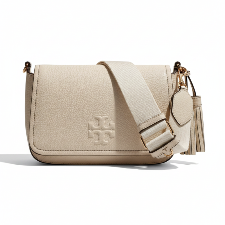 TORY BURCH Brand Logo Pebbled Leather Crossbody Bags Women's New Ivory